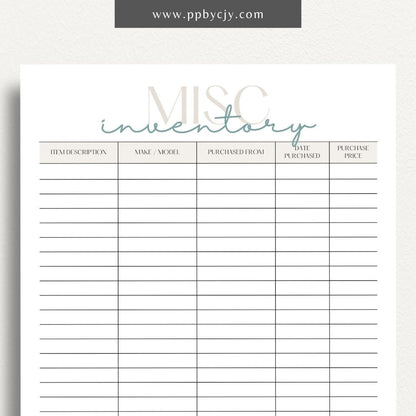 Miscellaneous Home Inventory Printable Template – Digital download for cataloging and managing various miscellaneous items in your home.