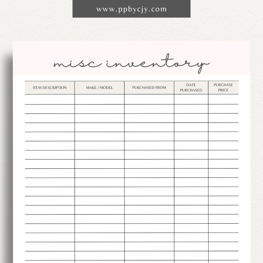 Miscellaneous Home Inventory Printable Template – Digital download for cataloging and managing various miscellaneous items in your home.