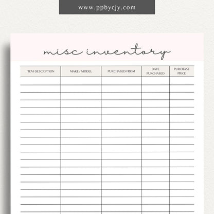 Miscellaneous Home Inventory Printable Template – Digital download for cataloging and managing various miscellaneous items in your home.