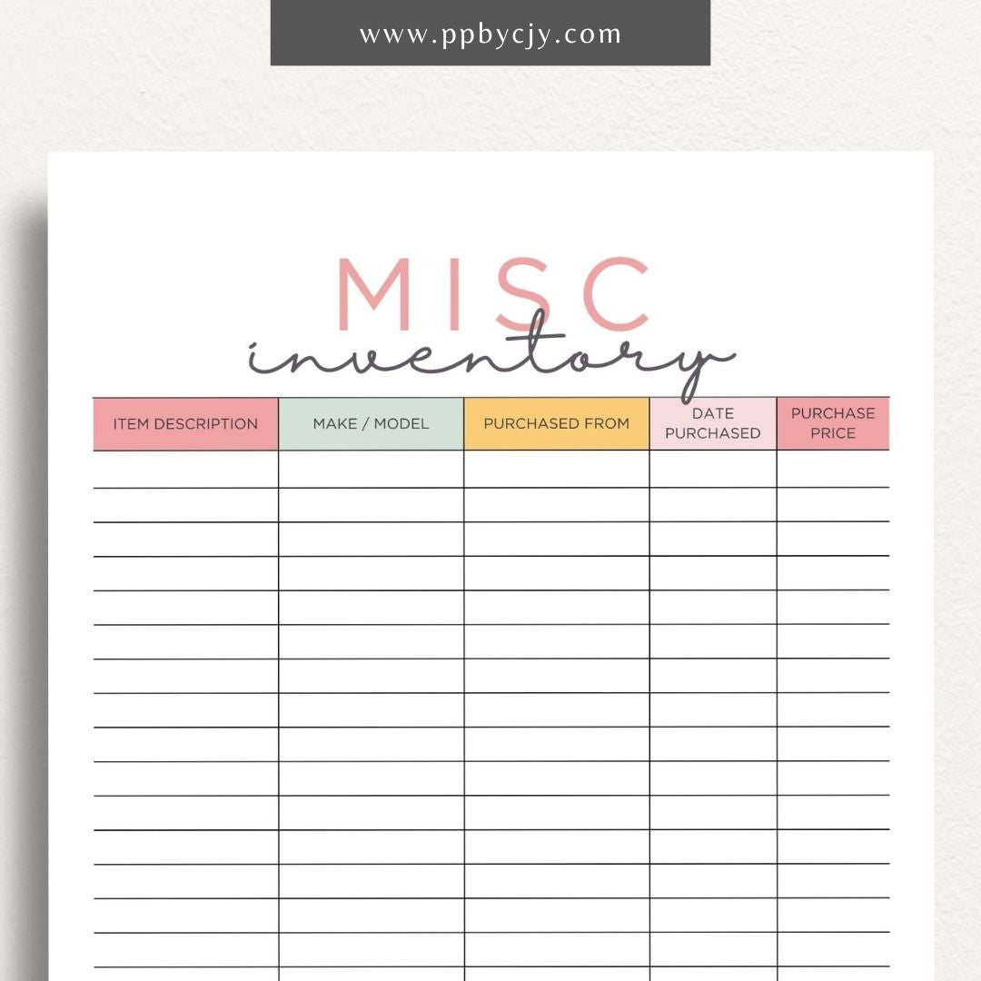 Miscellaneous Home Inventory Printable Template – Digital download for cataloging and managing various miscellaneous items in your home.