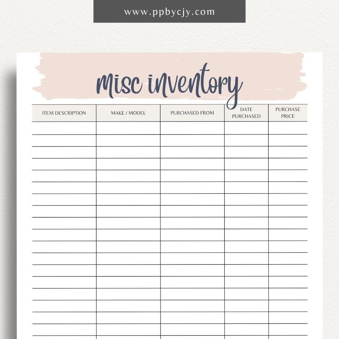 Miscellaneous Home Inventory Printable Template – Digital download for cataloging and managing various miscellaneous items in your home.