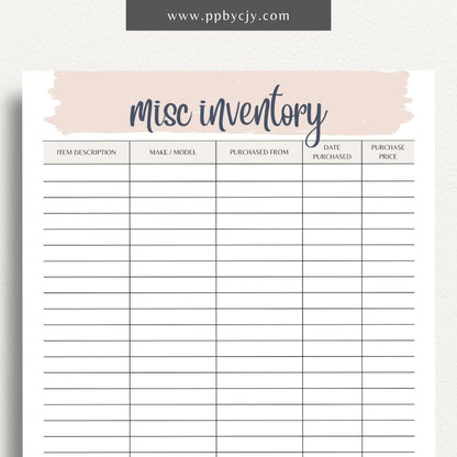 Miscellaneous Home Inventory Printable Template – Digital download for cataloging and managing various miscellaneous items in your home.