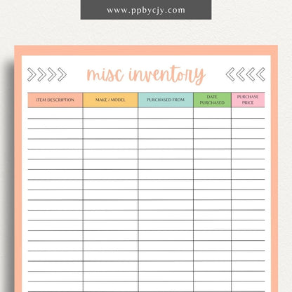 Miscellaneous Home Inventory Printable Template – Digital download for cataloging and managing various miscellaneous items in your home.