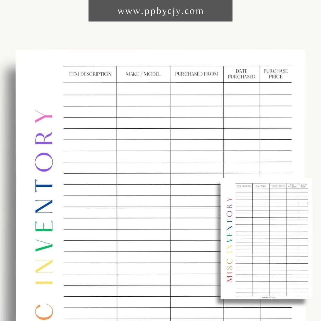 Miscellaneous Home Inventory Printable Template – Digital download for cataloging and managing various miscellaneous items in your home.