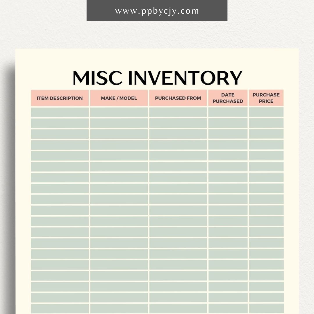 Miscellaneous Home Inventory Printable Template – Digital download for cataloging and managing various miscellaneous items in your home.