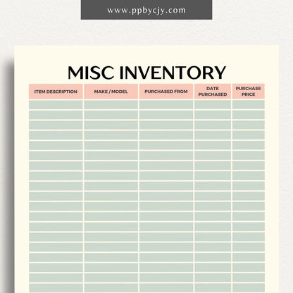 Miscellaneous Home Inventory Printable Template – Digital download for cataloging and managing various miscellaneous items in your home.