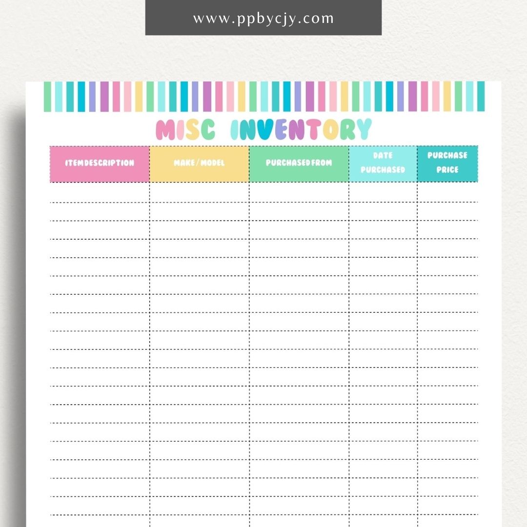 Miscellaneous Home Inventory Printable Template – Digital download for cataloging and managing various miscellaneous items in your home.