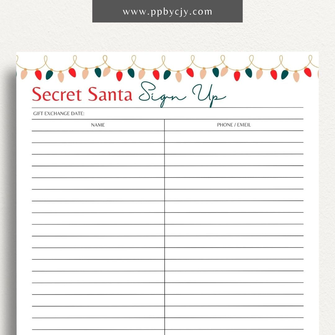 Secret Santa Sign Up Template Printable – Digital download for gift exchange planning