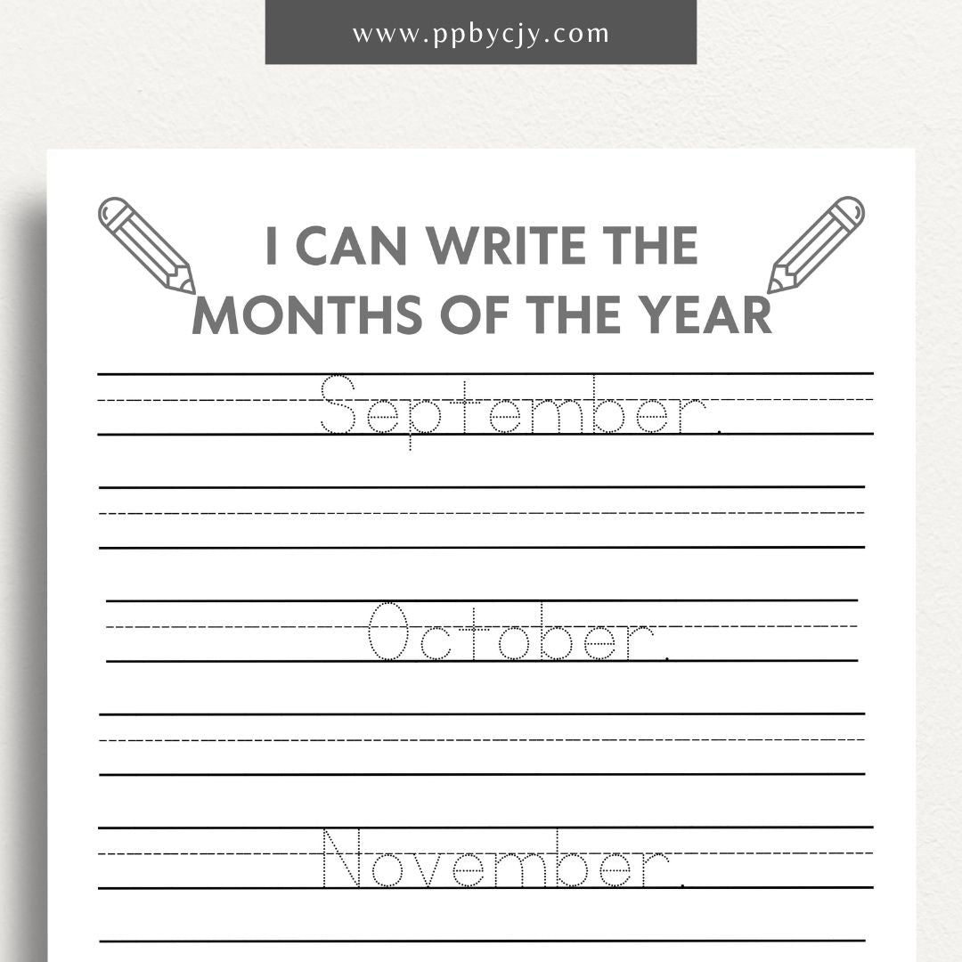 Months of the Year Learning Worksheet Printable Template – Digital download for teaching and reinforcing the names and order of the months of the year.