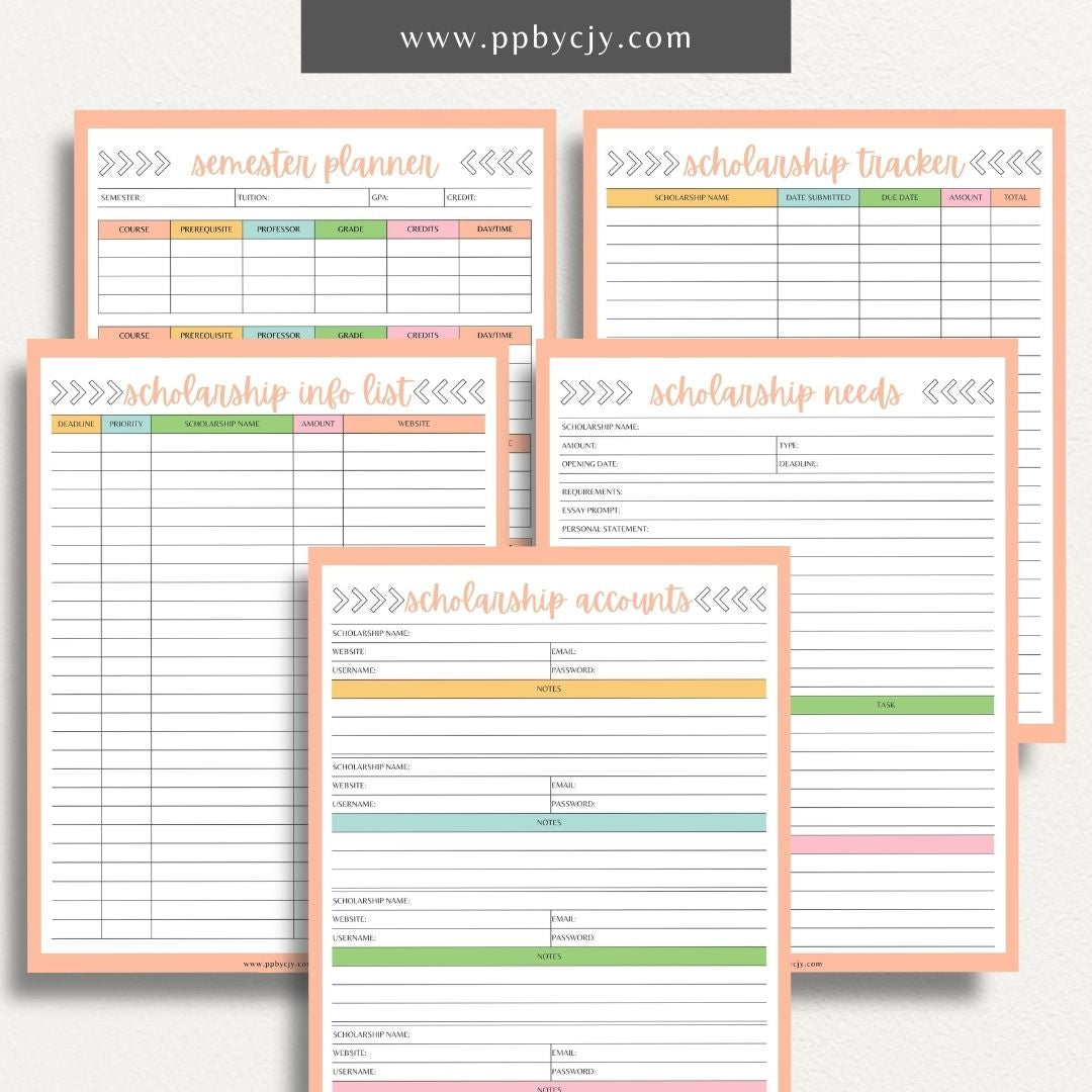 Scholarship Planner Bundle Printable Template – Digital download for comprehensive organization and management of scholarship applications, including planners, trackers, and checklists