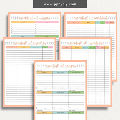 printable template page with columns and rows related to essential oils