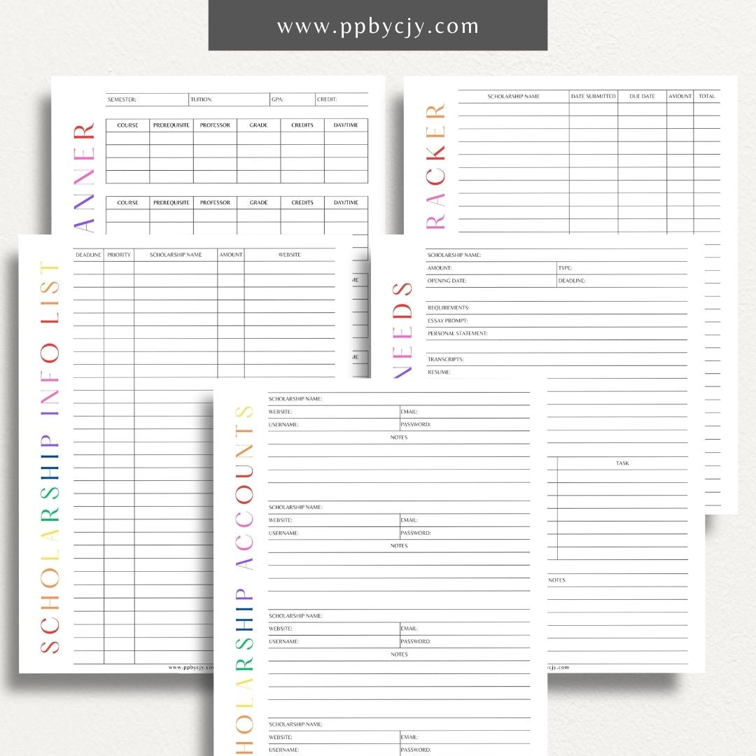 Scholarship Planner Bundle Printable Template – Digital download for comprehensive organization and management of scholarship applications, including planners, trackers, and checklists