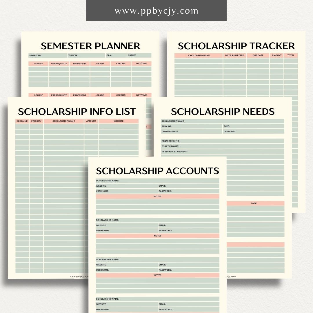 Scholarship Planner Bundle Printable Template – Digital download for comprehensive organization and management of scholarship applications, including planners, trackers, and checklists