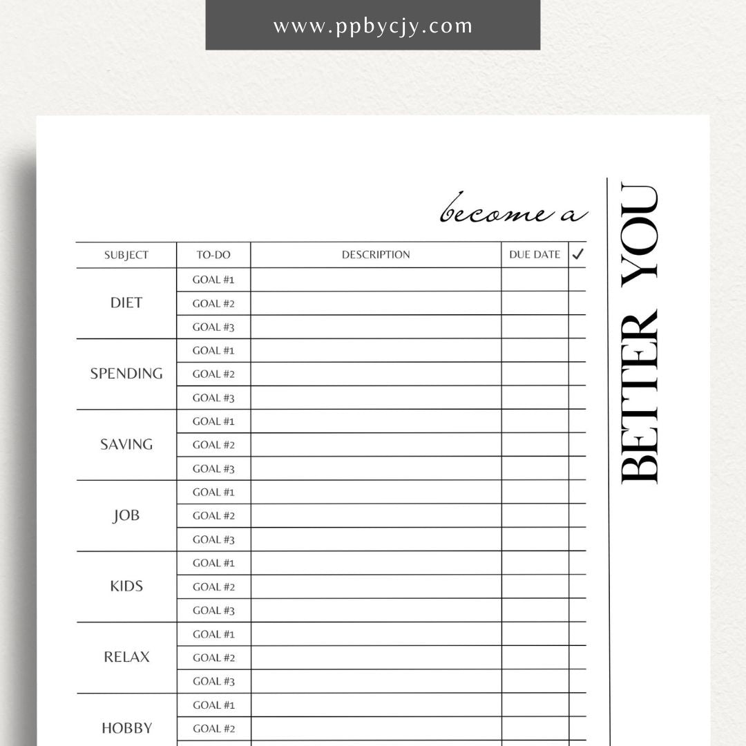 Become a Better You Worksheet Printable Template – Digital download for personal development and self-improvement tracking.