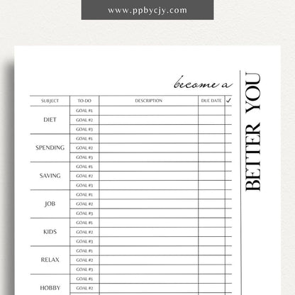 Become a Better You Worksheet Printable Template – Digital download for personal development and self-improvement tracking.