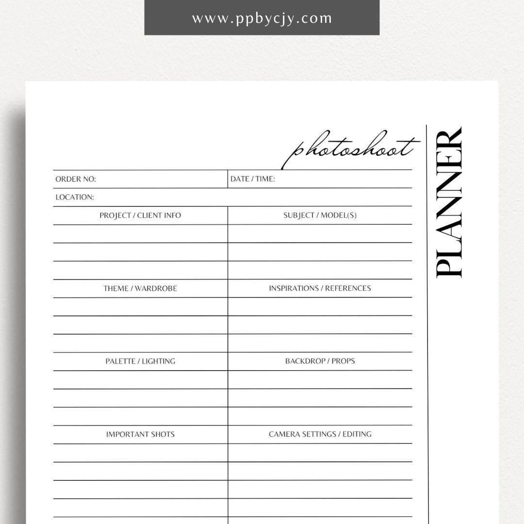 Photoshoot Planner Printable Template – Digital download for organizing and planning photography sessions, shot lists, schedules, and equipment"