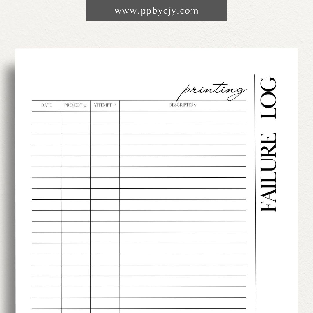 3D Printer Failure Log Printable Template – Digital download for documenting and tracking 3D printer errors, troubleshooting steps, and failure incidents