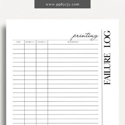 3D Printer Failure Log Printable Template – Digital download for documenting and tracking 3D printer errors, troubleshooting steps, and failure incidents