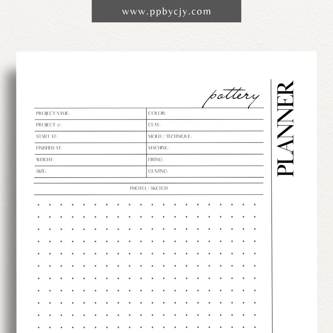 Pottery Planner Printable Template – Digital download for organizing ceramic projects, including design planning, material tracking, and firing schedules