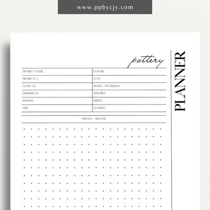 Pottery Planner Printable Template – Digital download for organizing ceramic projects, including design planning, material tracking, and firing schedules