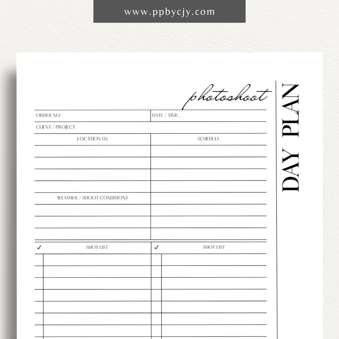 Photoshoot Day Plan Printable Template – Digital download for organizing and planning photography sessions, shoot day schedules, and equipment lists