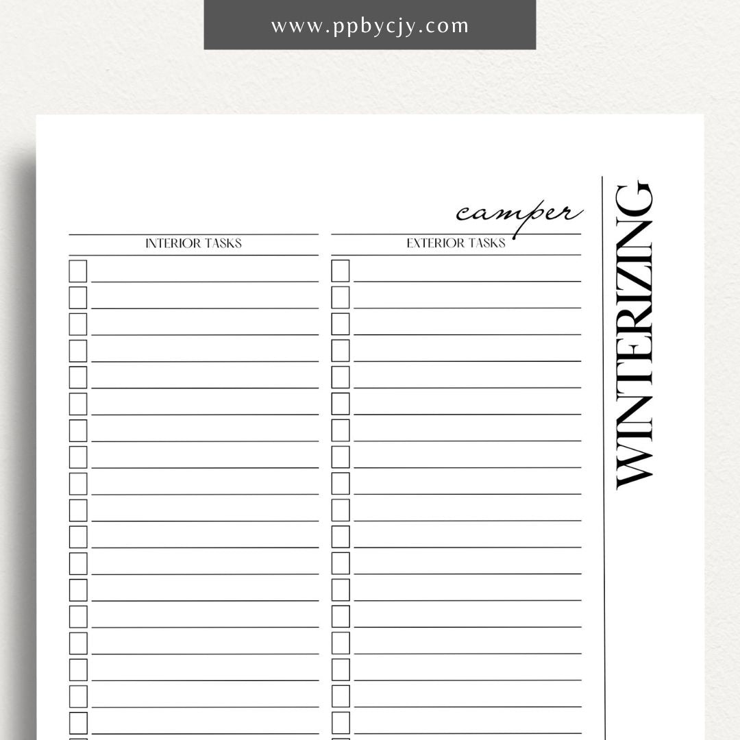 Camper Winterizing Sheet Printable Template – Digital Download for Organizing and Tracking Winterizing Tasks for Campers