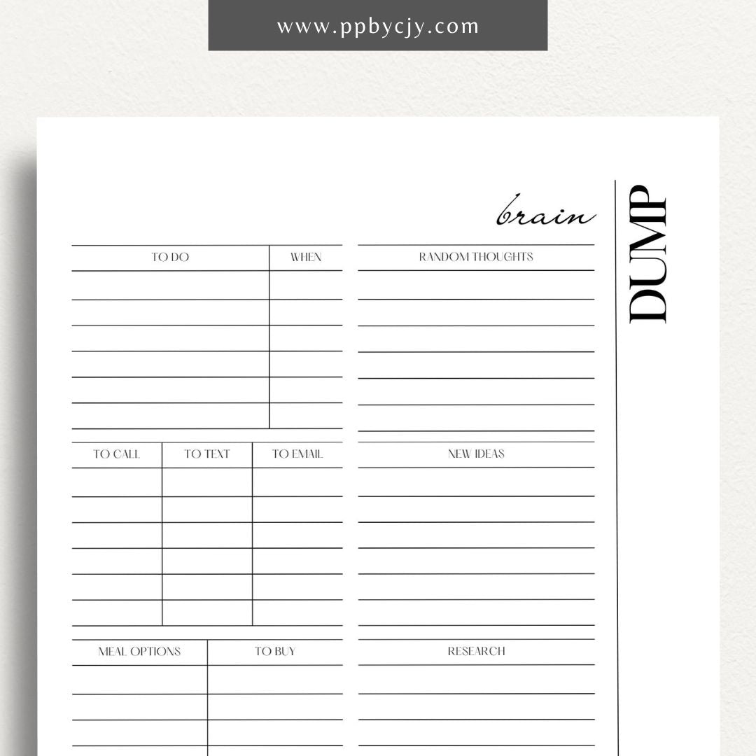 Brain Dump Worksheet Printable – Digital download for organizing thoughts, ideas, and tasks to achieve mental clarity.