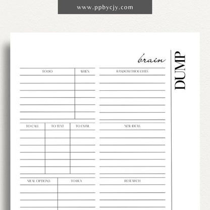 Brain Dump Worksheet Printable – Digital download for organizing thoughts, ideas, and tasks to achieve mental clarity.