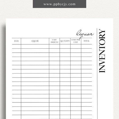 Liquor Inventory Printable Template – Digital download for organizing and managing your collection of liquor, including quantities, types, and locations.