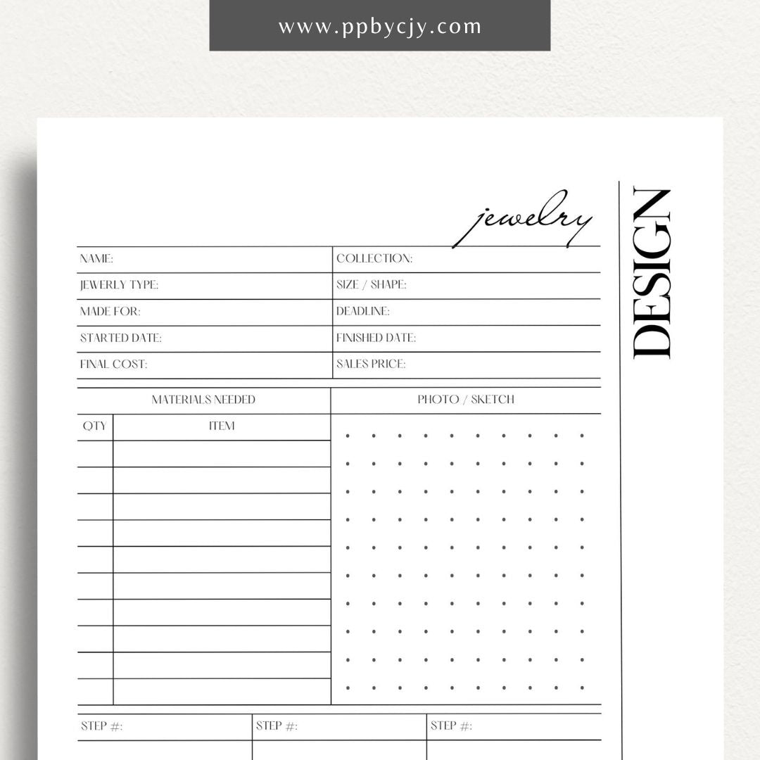 Jewelry Design Plan Printable Template – Digital download for organizing and planning jewelry designs with sections for sketches, materials, and measurements