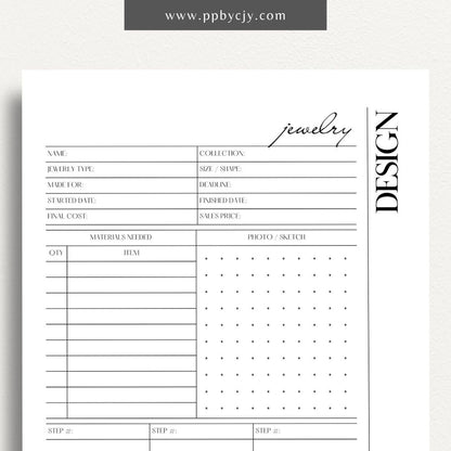 Jewelry Design Plan Printable Template – Digital download for organizing and planning jewelry designs with sections for sketches, materials, and measurements