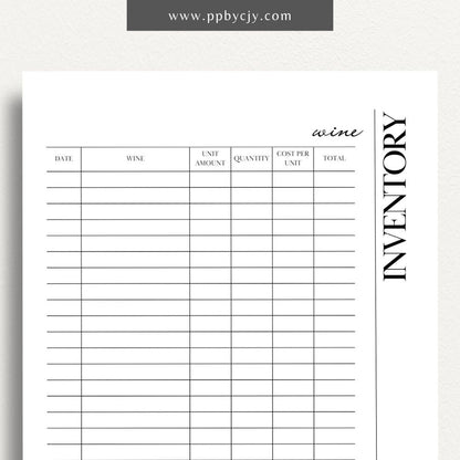 Wine Inventory Printable Template – Digital download for cataloging and managing your wine collection, including details like wine type, vintage, quantity, and storage location