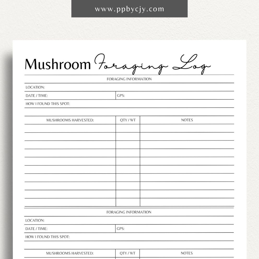 Mushroom Foraging Log Printable Template – Digital download for documenting mushroom finds, identification, and foraging notes