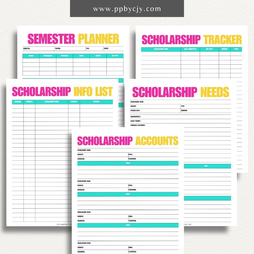 Scholarship Planner Bundle Printable Template – Digital download for comprehensive organization and management of scholarship applications, including planners, trackers, and checklists