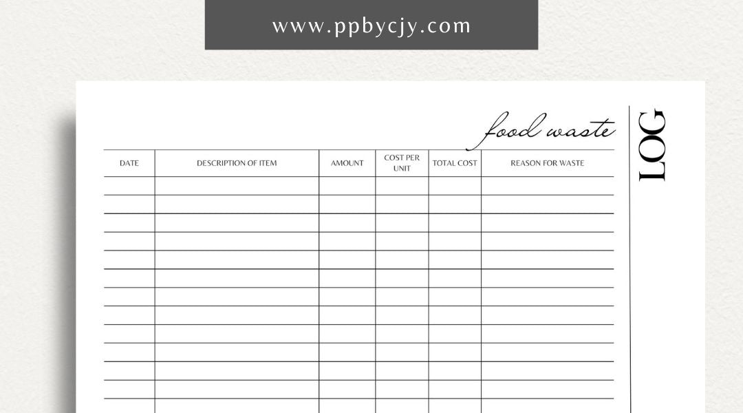 Restaurant Waste Log Printable Template – Digital download for tracking and managing waste in a restaurant, including types, quantities, and reasons for disposal