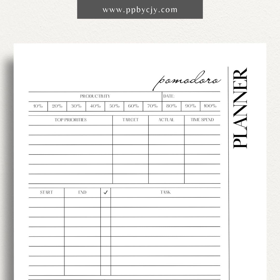 Pomodoro Planner Printable Template – Digital download for time management, productivity tracking, and focus improvement using the Pomodoro Technique.