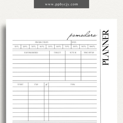 Pomodoro Planner Printable Template – Digital download for time management, productivity tracking, and focus improvement using the Pomodoro Technique.