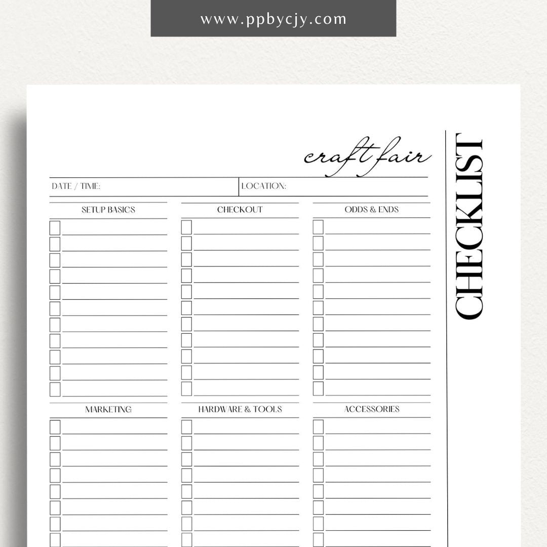 Craft Fair Checklist Printable Template – Digital Download for Preparing and Organizing Essentials for Craft Fair Participation