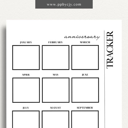 Anniversary Tracker Printable Template – Digital download for recording and remembering important anniversaries, including dates, names, and gift ideas or plans