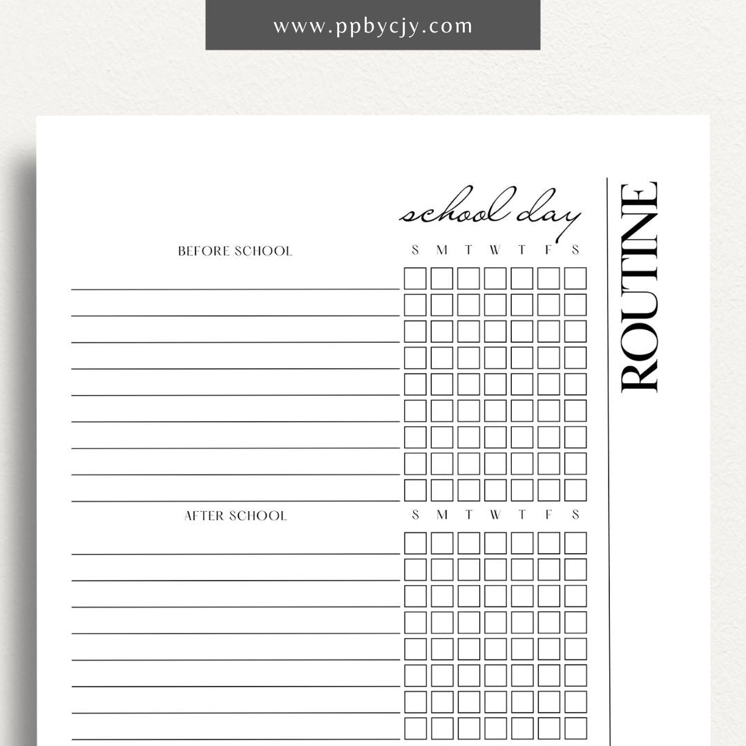 School Day Routine Tracker Printable Template – Digital download for managing school schedules, homework, and daily routines.