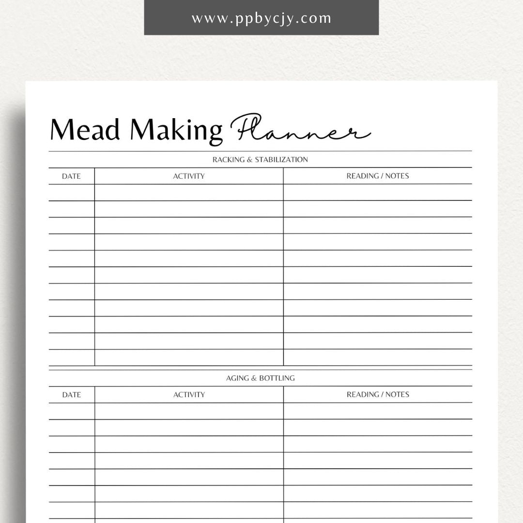 Mead Making Planner Printable Template – Digital download for organizing mead recipes, fermentation tracking, and brewing schedules