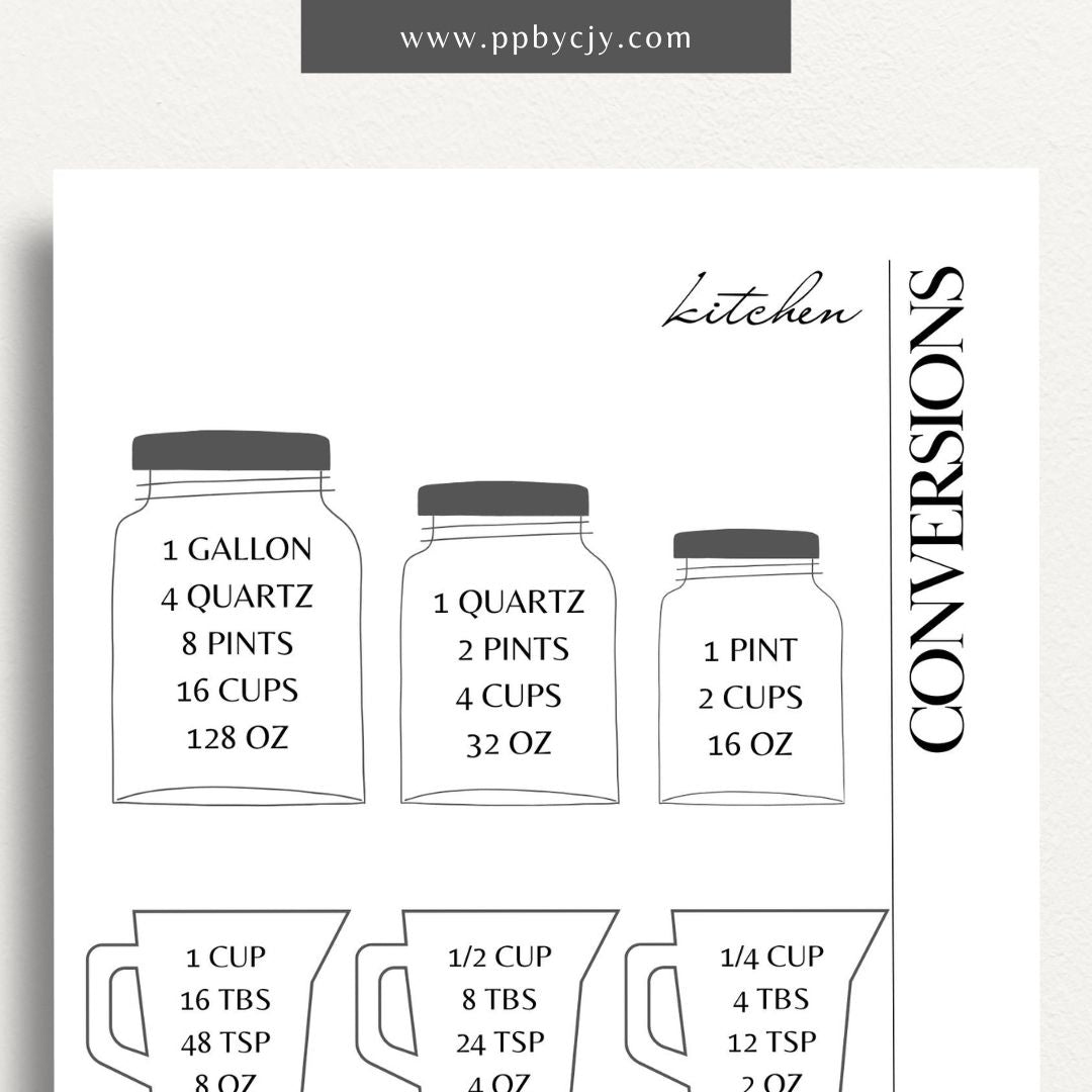 Recipe Ingredient Measurement Conversion Printable Template – Digital download for converting and referencing common ingredient measurements in recipes.