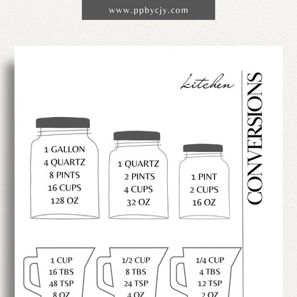 Recipe Ingredient Measurement Conversion Printable Template – Digital download for converting and referencing common ingredient measurements in recipes.