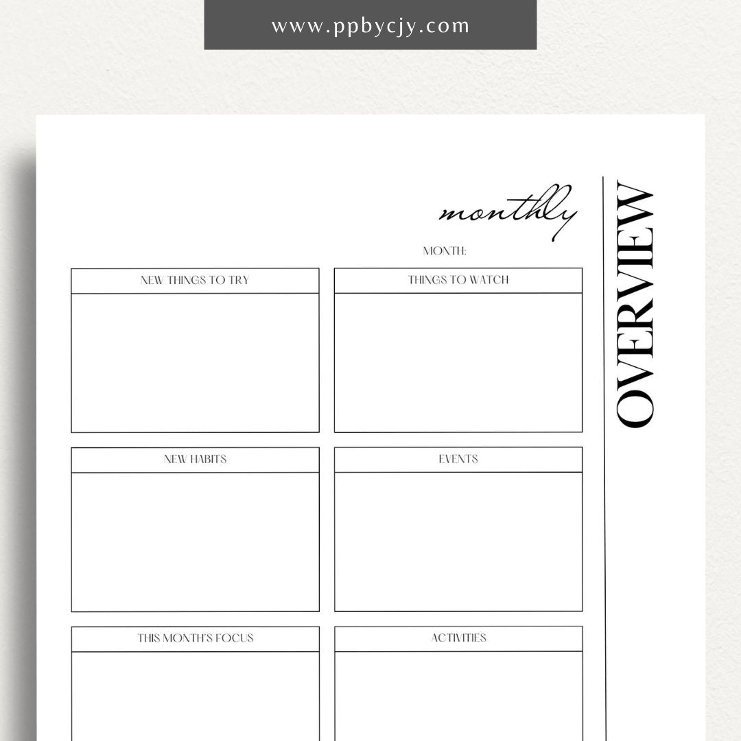 Monthly Overview Printable Template – Digital download for planning monthly schedules, setting goals, and organizing tasks.