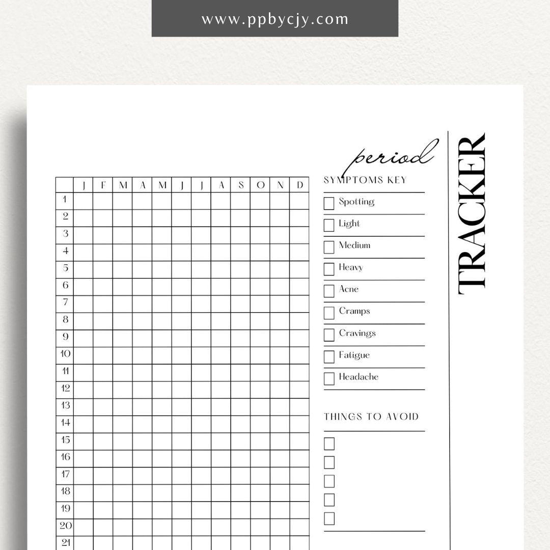 printable template page with columns and rows related to period tracking