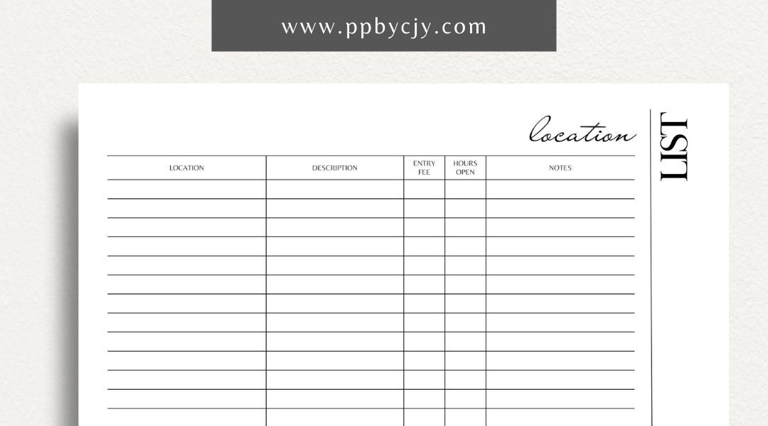 Photography Location List Printable Template – Digital download for organizing and tracking photography spots, photoshoot planning, and location details