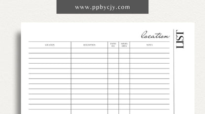 Photography Location List Printable Template – Digital download for organizing and tracking photography spots, photoshoot planning, and location details