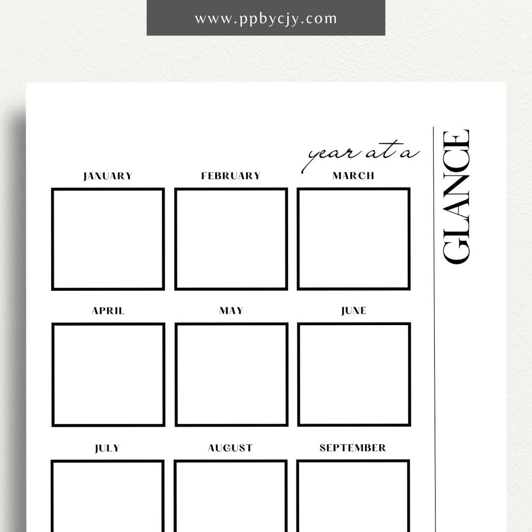 Year at a Glance Printable Template – Digital download for viewing and organizing the entire year at a glance, including important dates, events, and milestones