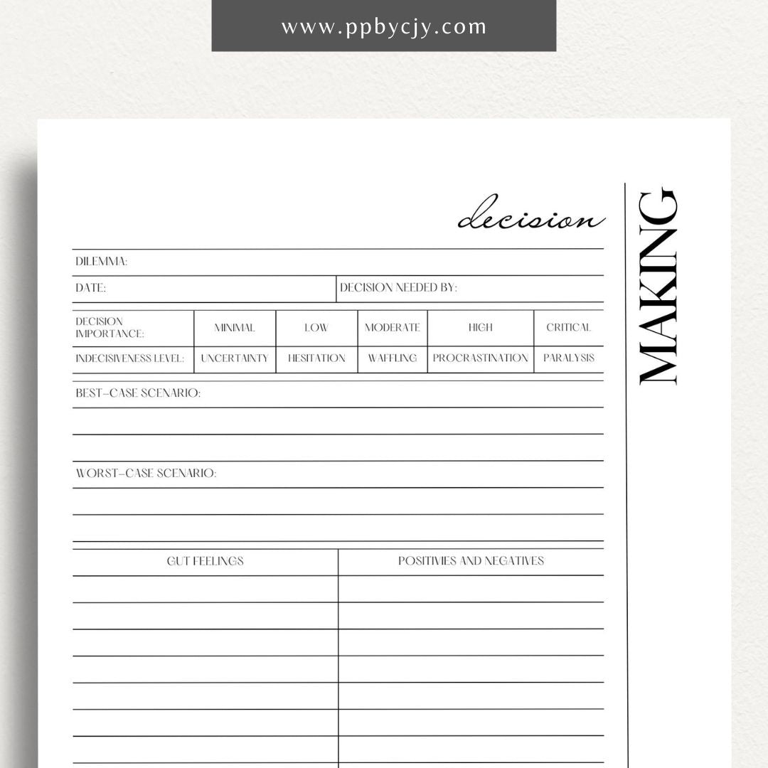 Decision-Making Sheet Printable Template – Digital download for evaluating options, listing pros and cons, and organizing thoughts for confident decision-making.