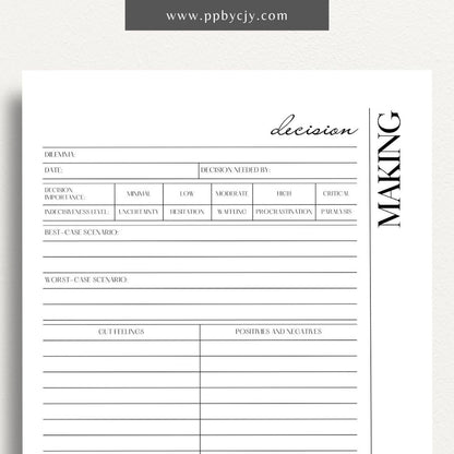 Decision-Making Sheet Printable Template – Digital download for evaluating options, listing pros and cons, and organizing thoughts for confident decision-making.